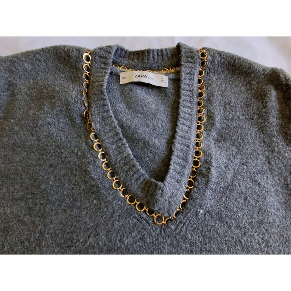 Zara women's sweater, V neck, Gray, Small, with Brass trim, neck & Cuffs - Picture 5 of 13